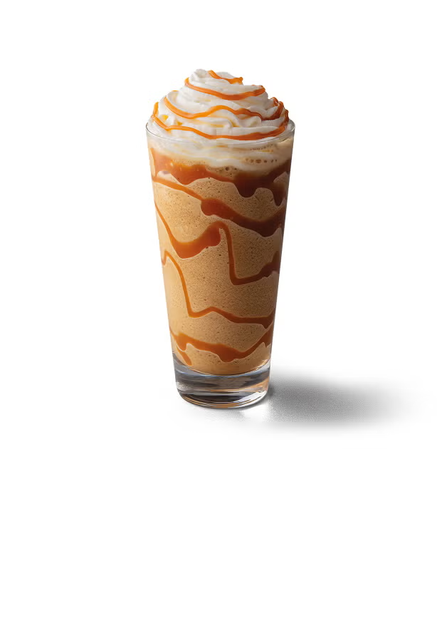 En Caramel Frappuccino® Blended Beverage i et højt glas