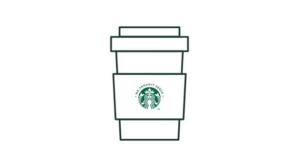 Stregtegning af en kop takeawaykaffe med et We Proudly Serve Starbucks-logo