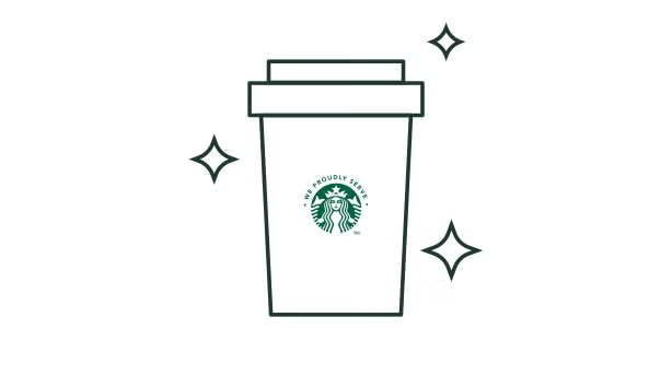 Stregtegning af en kop takeawaykaffe med et We Proudly Serve Starbucks-logo