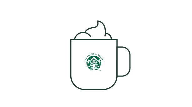 Stregtegning af et kaffekrus med et We Proudly Serve Starbucks-logo med flødeskum