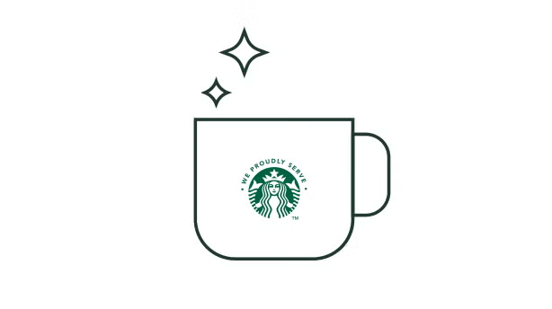Stregtegning af et kaffekrus med et We Proudly Serve Starbucks-logo
