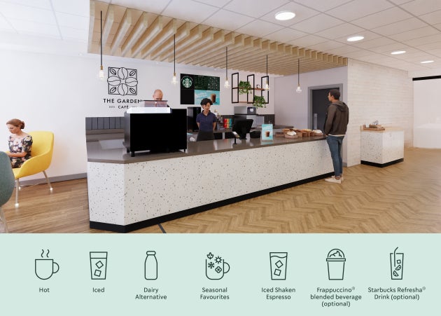 En mand ved We Proudly Serve Starbucks-serveringsdisken, der tilbyder varme og kolde drikkevarer, årstidens favoritter og meg