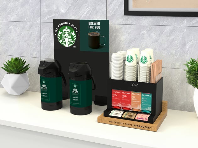 Løsningen med færdigbrygget kaffe i størrelsen Short med en kaffestation med selvbetjening med to store kaffedispensere og et