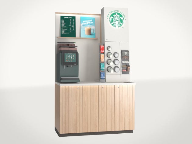 We Proudly Serve Starbucks-selvbetjeningsløsningen i størrelsen Tall: kaffeautomat med selvbetjening og disk