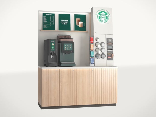 We Proudly Serve Starbucks-selvbetjeningsløsningen i størrelsen Grande: kaffeautomat med selvbetjening, ismaskine med selvbet